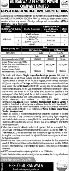 Gujranwala Electric Power Company Limited Tender Notice
